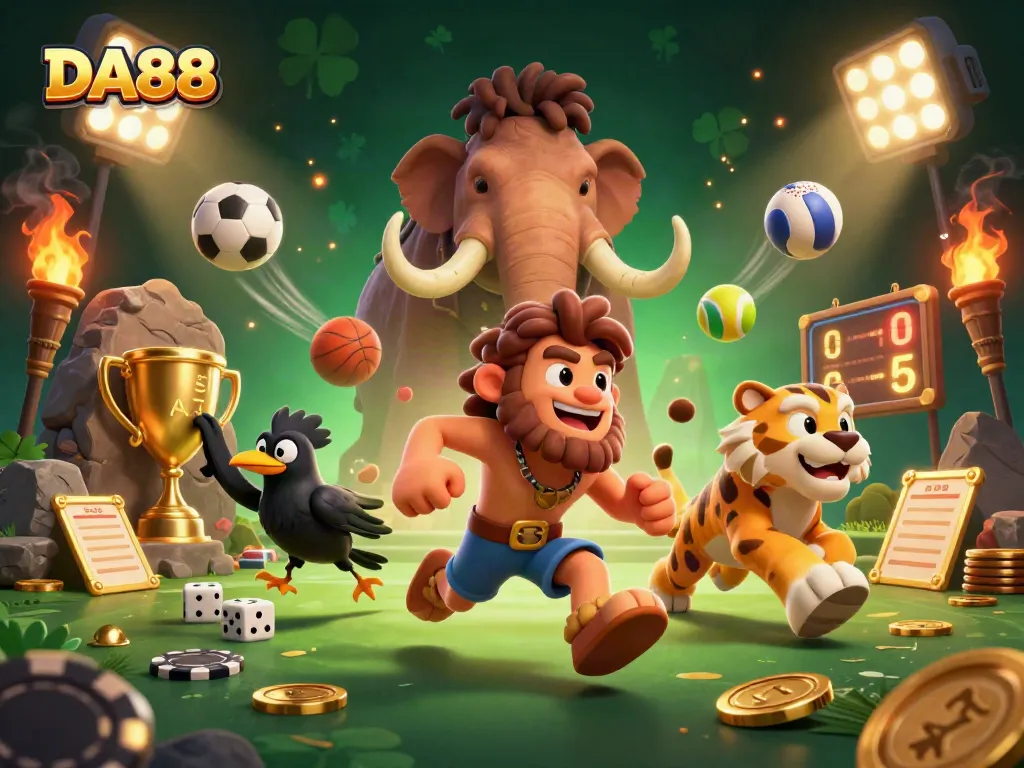 Engage in thrilling gaming action at DA88 with 3D cartoon characters in a dynamic casino atmosphere.