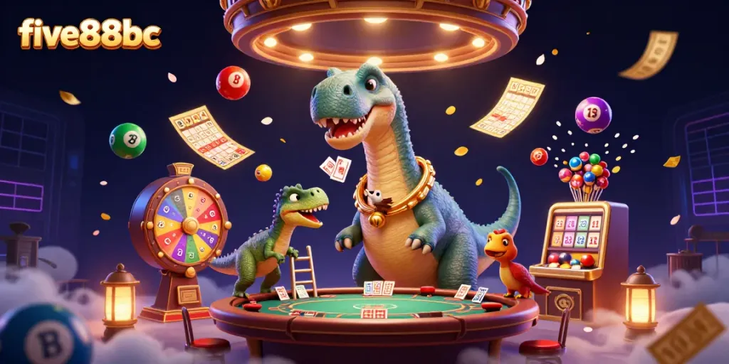 Engage in thrilling gameplay at five88bc with a fun dinosaur-themed casino scene featuring unique characters and dynamic elements.