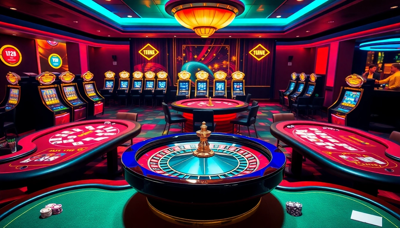 Exciting gaming scene featuring tg88 casinos with roulette and poker tables.