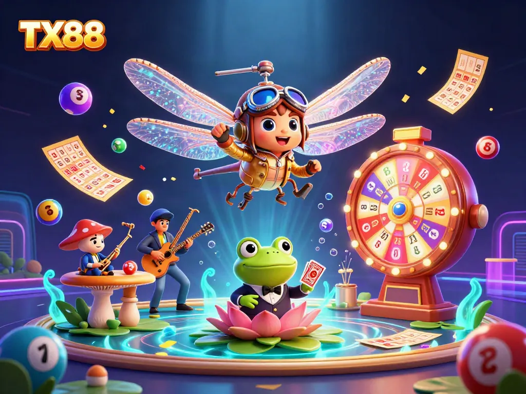 Engage with dynamic games at TX88 as colorful lottery balls and a lively casino scene come alive.