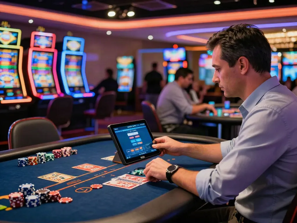 Engaged player using credit card casino app amidst lively gaming environment
