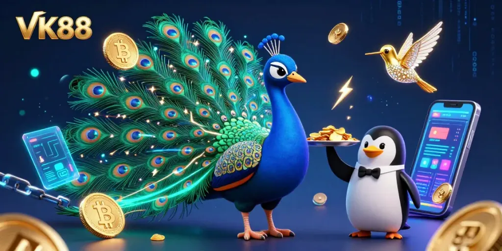Engage with VK88 on a lively casino scene featuring vibrant cryptocurrency elements.