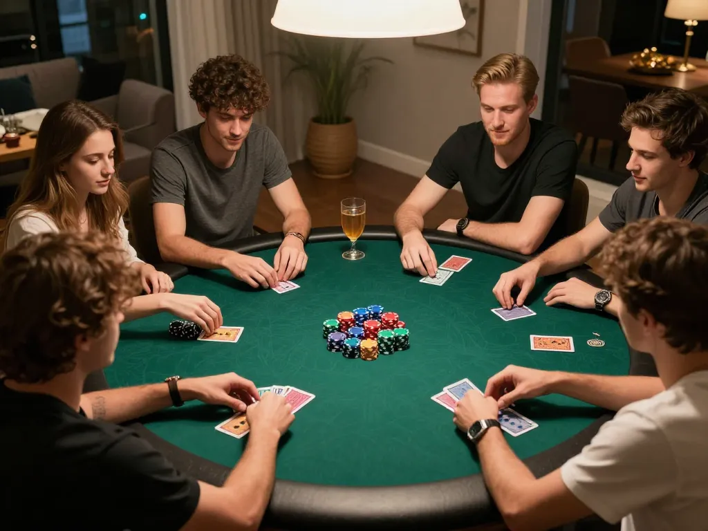 Friends enjoying a poker game while discussing strategies and placing bets at home, XX88 gaming.