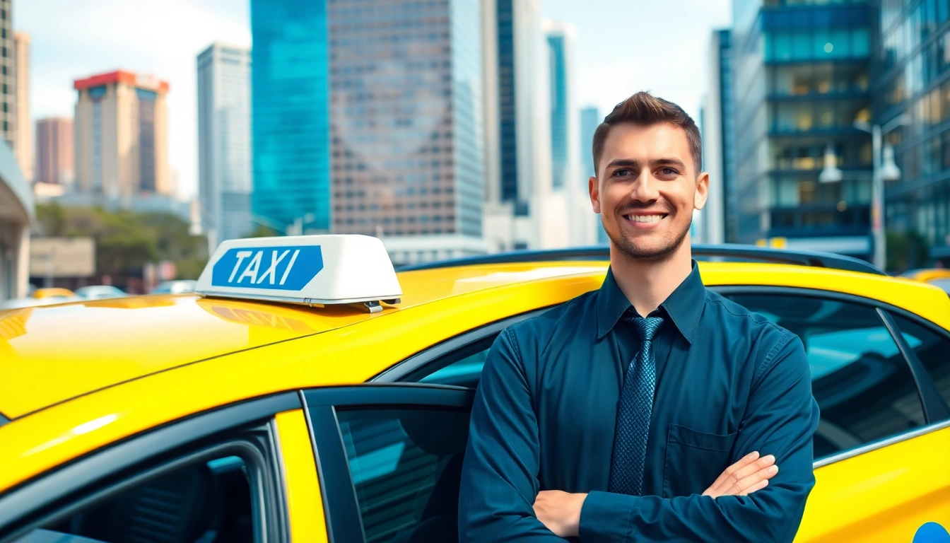 Taxi driver proudly standing by a bright yellow taxi cab in a busy city.