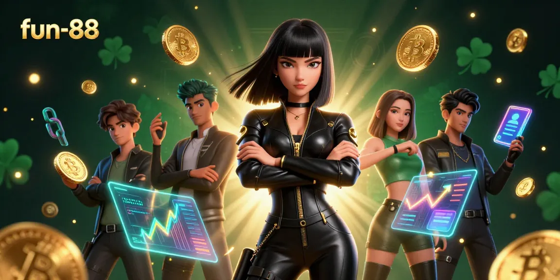 Join the excitement at fun-88 with a stunning Asian woman amidst glowing crypto elements.