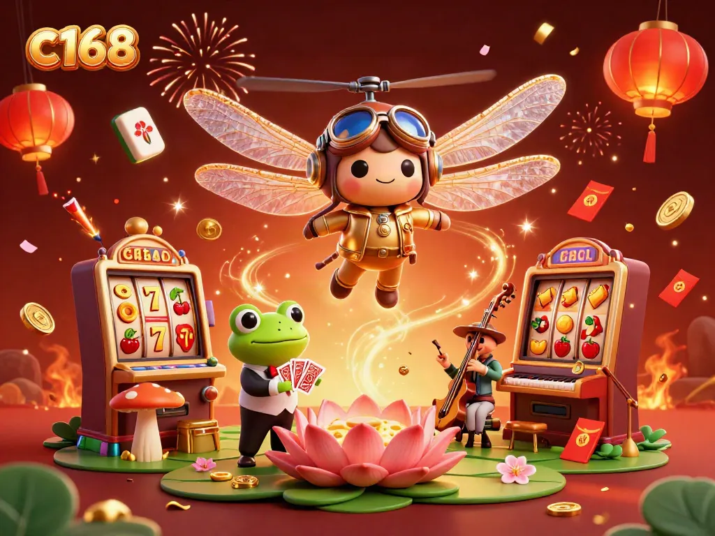 c168 interactive casino scene with a dragonfly pilot and frog croupier among vibrant gaming symbols