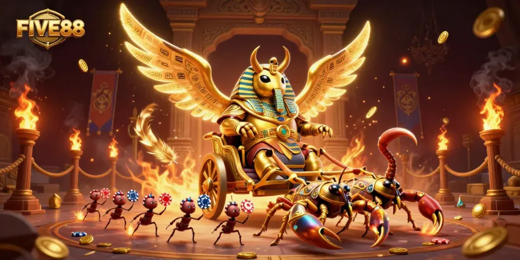 Experience the thrill of FIVE88 with the colossal beetle chariot racing through a vibrant casino scene.