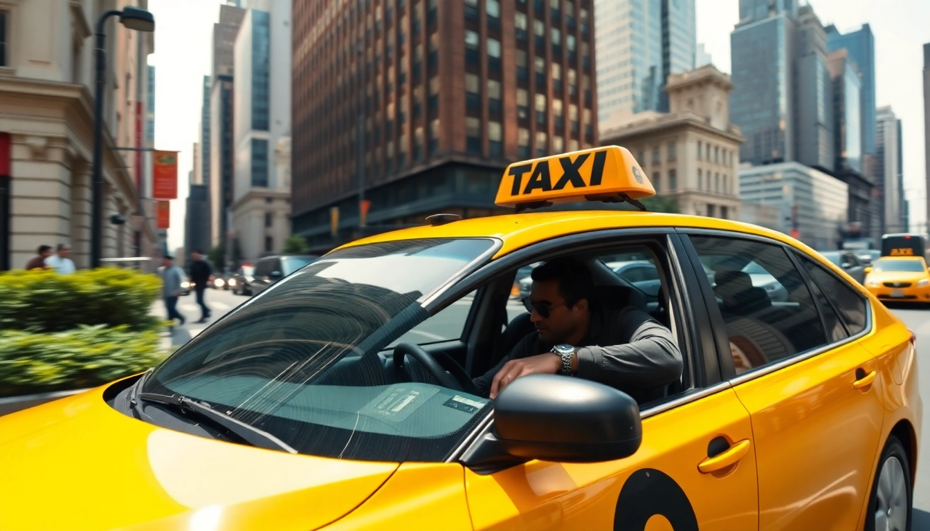 Taxi driving through a bustling city street, showcasing urban life and transportation.