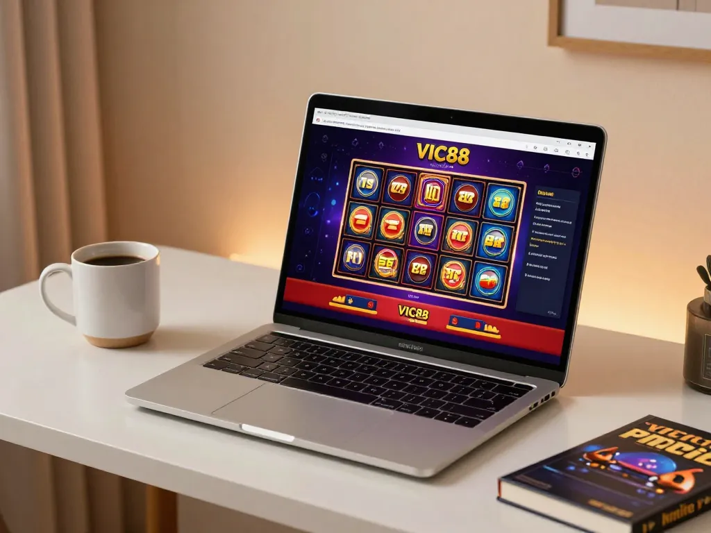 Engaging gameplay at VIC88 online casino from a stylish home setup with laptop and strategy notes.