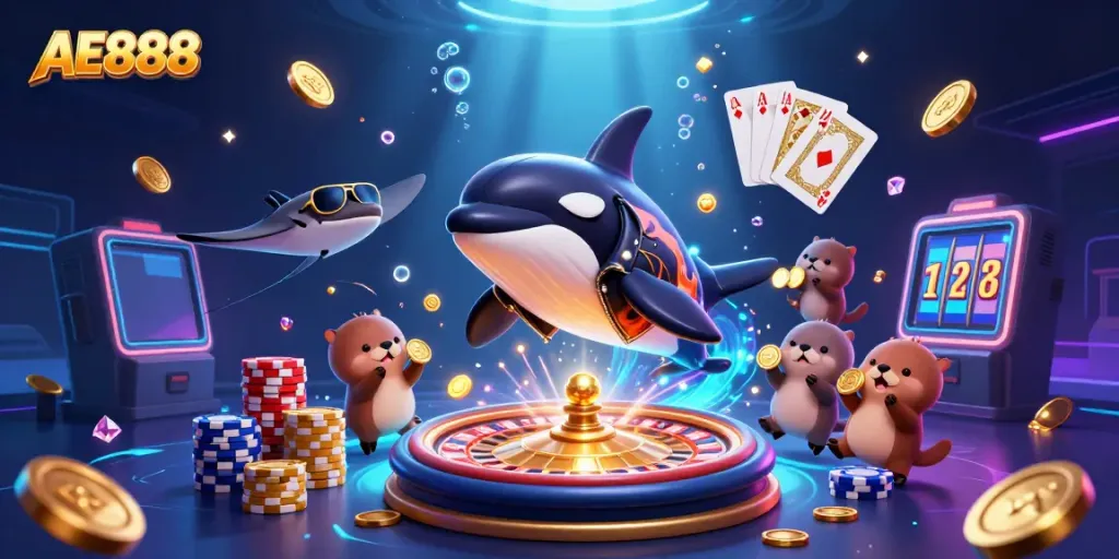 Experience the thrill of gaming with AE888 captured in a vibrant 3D scene full of energetic characters and casino elements.