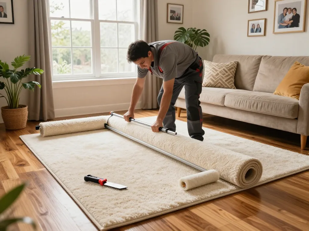 Residential carpet installation in a cozy living room with a skilled installer using tools amidst warm decor.