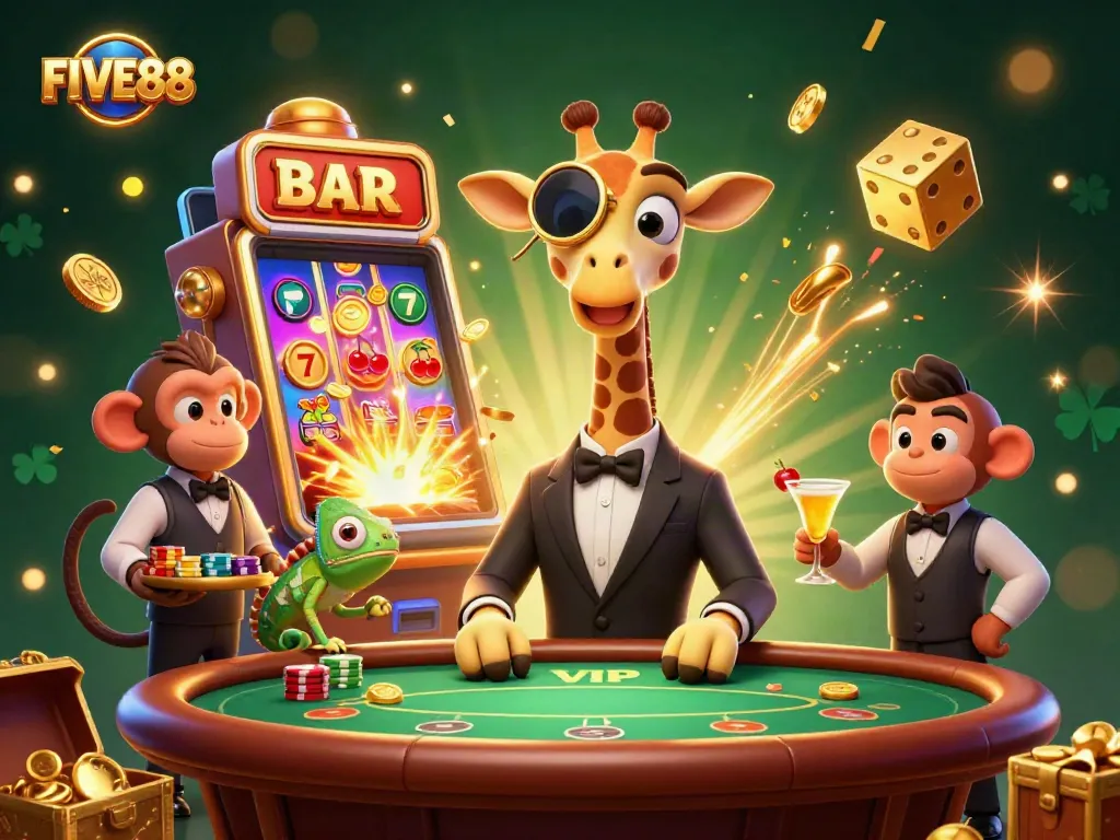 Join the excitement at FIVE88 as a high-roller giraffe and friends celebrate jackpot wins and casino fun!