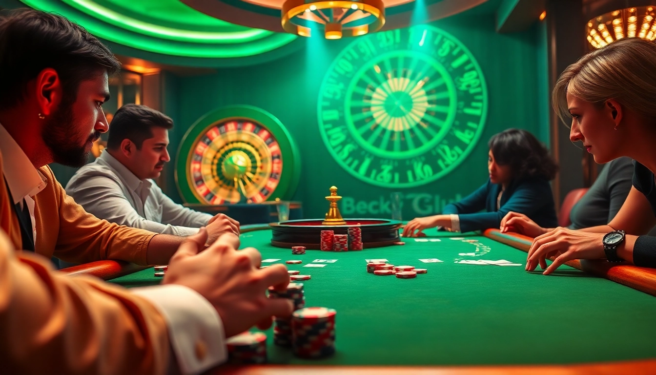 Players strategizing at a b52club poker table in a luxurious casino setting.