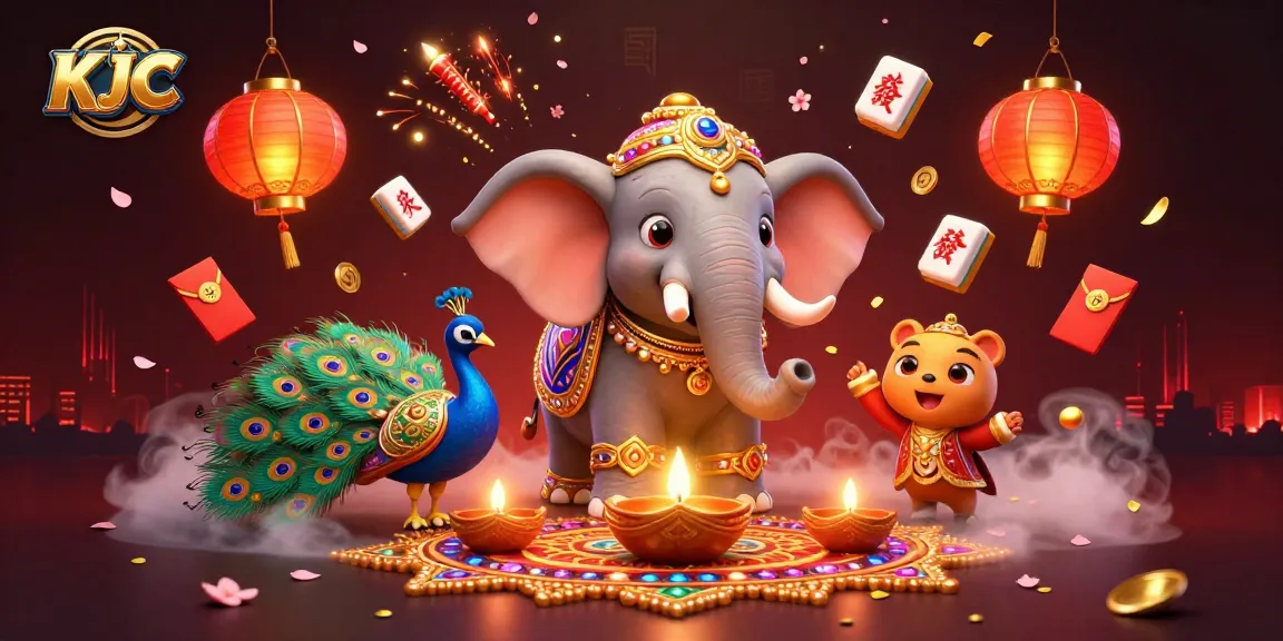 Engage with KJC's dynamic casino scene featuring lively characters, colorful decorations, and festive elements.