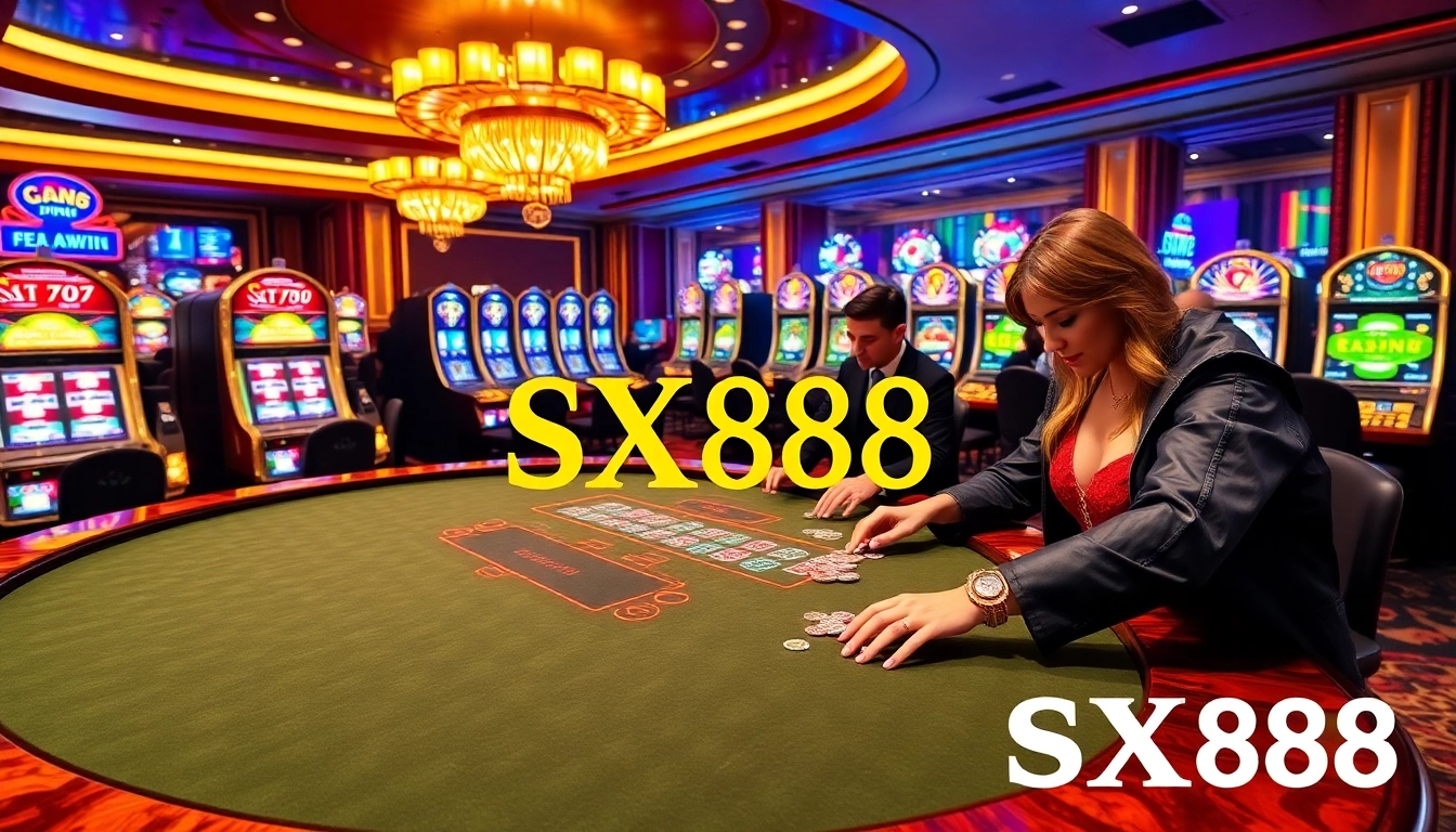 SX88 casino scene with excited players at a blackjack table, showcasing vibrant gambling action.