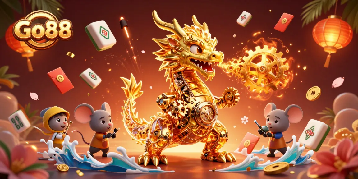 Engage with Go88's exhilarating gaming experience featuring a dragon delivering golden rewards amidst festive elements.