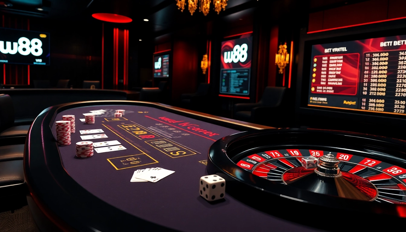 Engaging scene of online gambling with vibrant casino elements emphasizing cách vào w88 and luxurious betting options.