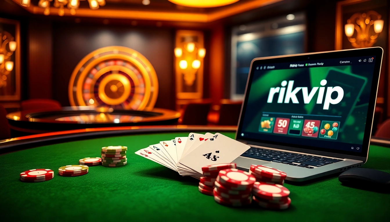 Engage in the thrilling experience of rikvip with vibrant casino elements like poker chips and roulette wheels.