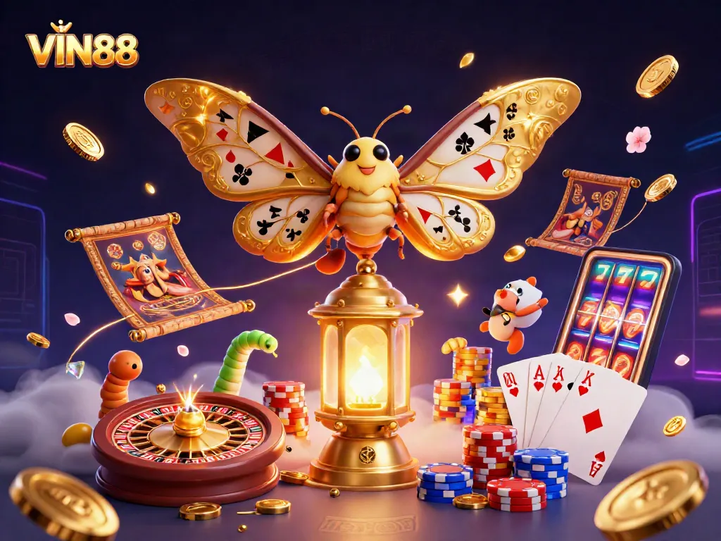 Experience vibrant casino adventures with VIN88's golden moth signaling fun and fortune.