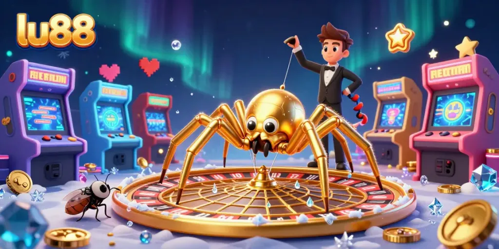 Experience thrilling bets at lu88 with a golden spider spinning a roulette wheel.