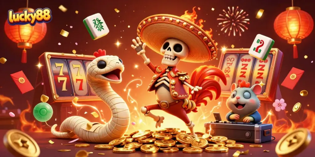 Experience thrilling gameplay with lucky88's vibrant casino scene featuring dynamic slot reels and festive characters.