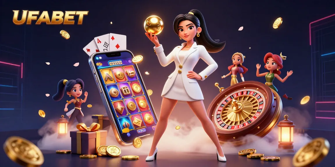 Spin the reels at UFABET, featuring a stylish Asian woman in a luxurious casino setting.