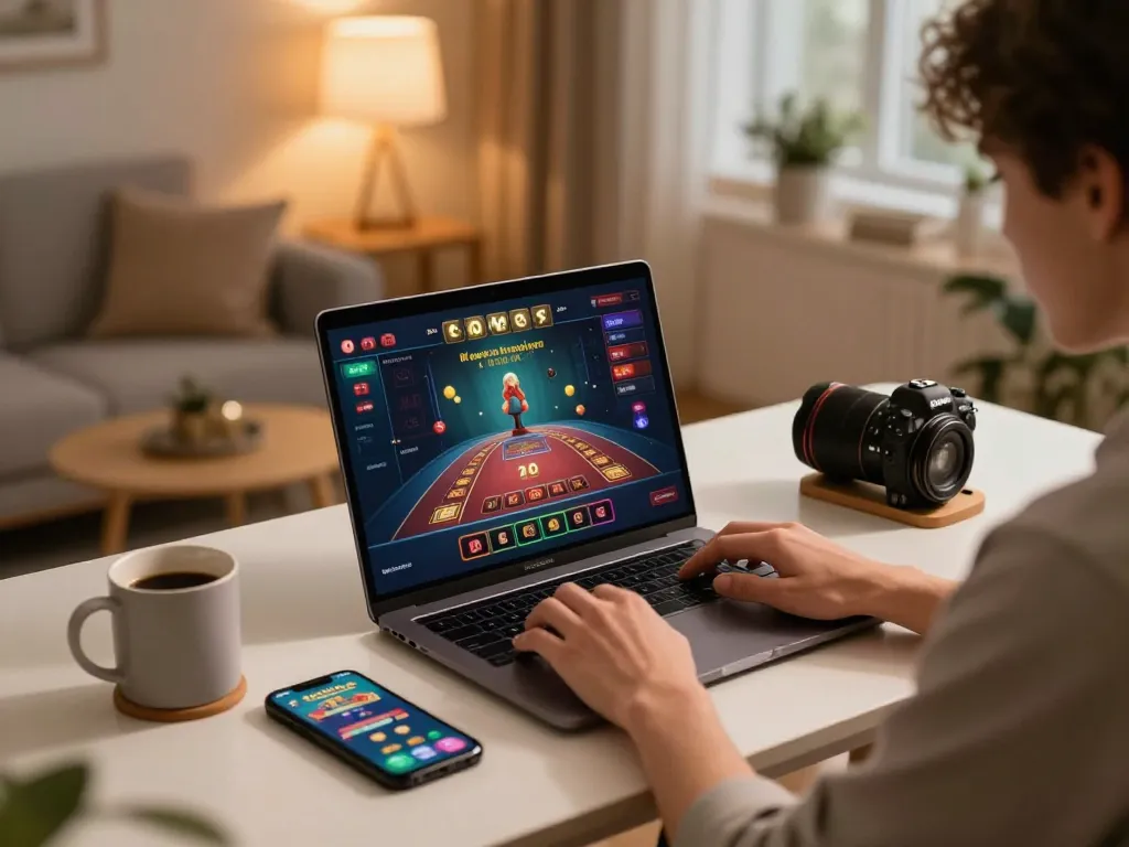 Engaging in responsible online gaming at 789club with a laptop and mobile casino app.
