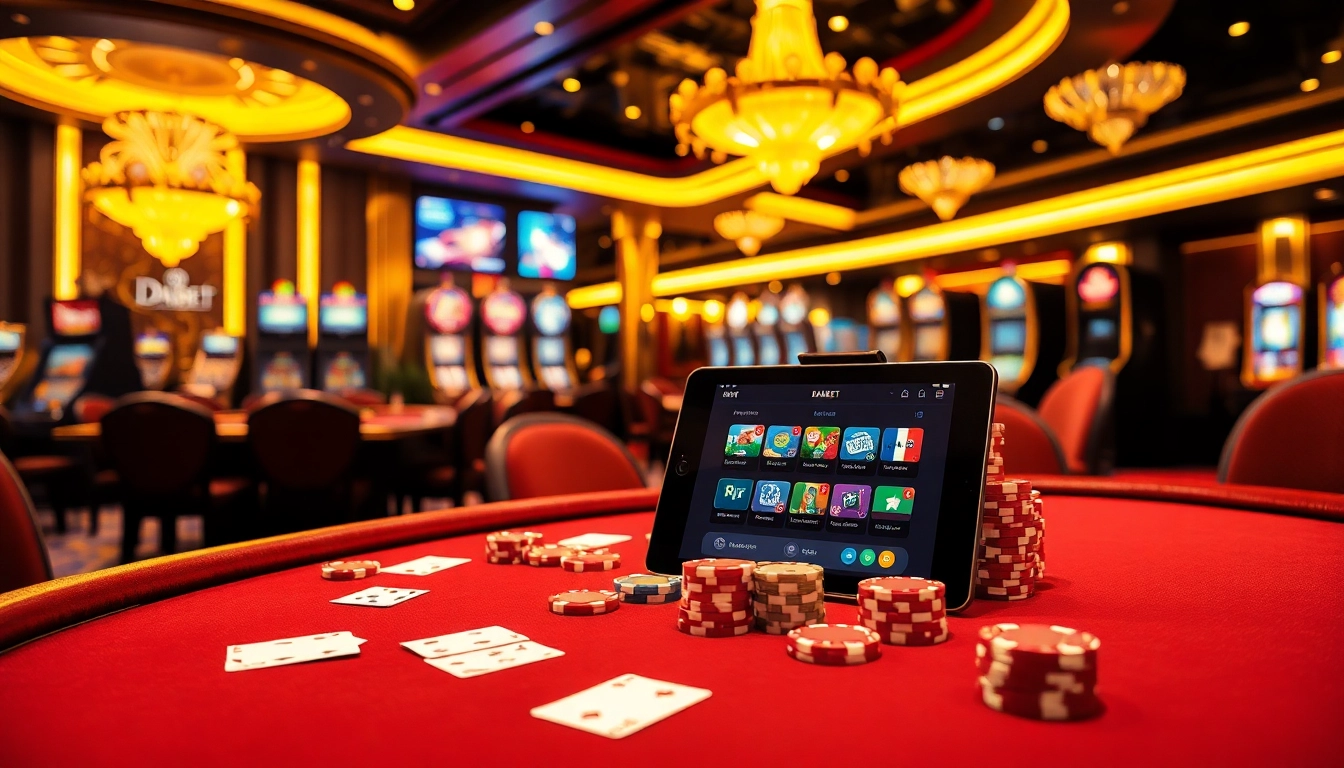 Engage in thrilling poker action at DABET, showcasing a luxurious casino atmosphere with vibrant gaming elements.
