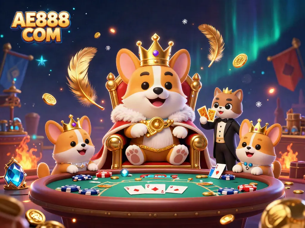 Experience the excitement of AE888 COM with royal corgis and poker chips in interactive casino scene.