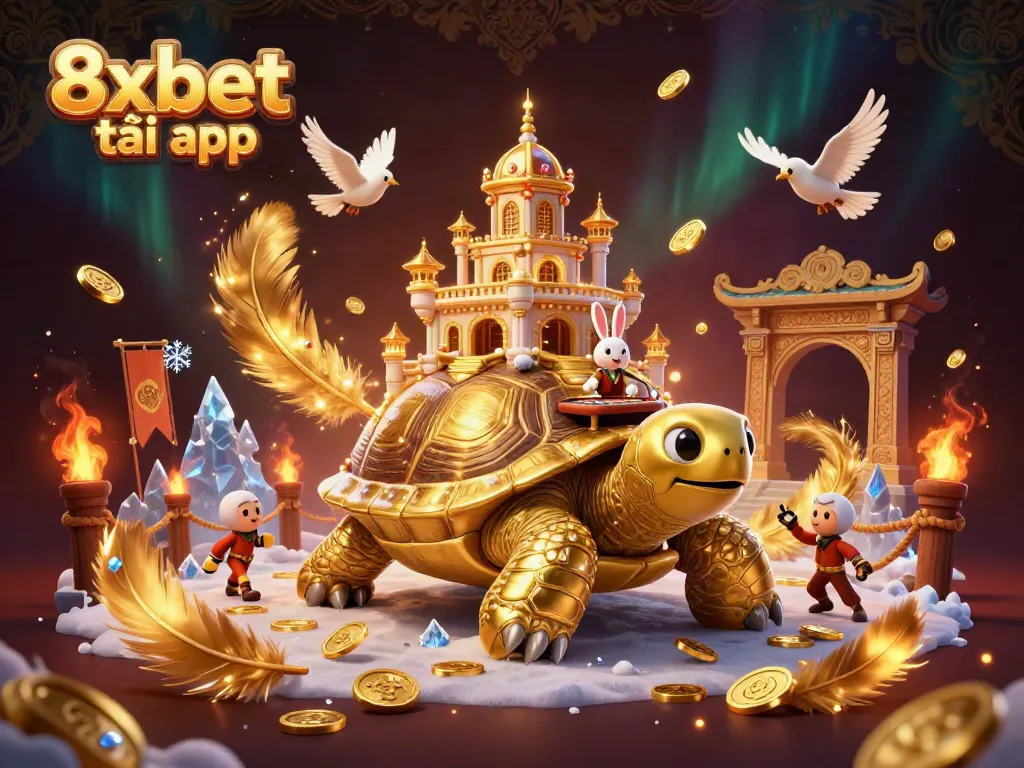 Experience the excitement of 8xbet tải app, showcasing a golden tortoise casino scene with lively gambling elements.