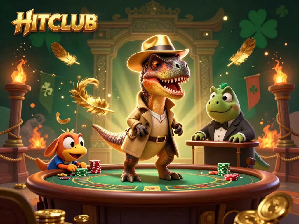 HITCLUB showcases a quirky velociraptor card counter amidst casino excitement and winning moments.