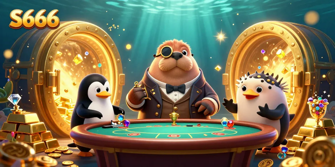 S666 walrus playing poker with a penguin dealer and a bluffing pufferfish amidst lavish gold treasures
