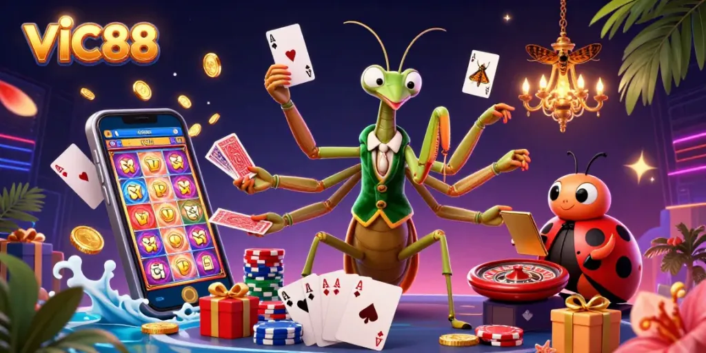 Experience thrilling slots and casino games at VIC88 with dynamic gaming characters and vibrant elements.