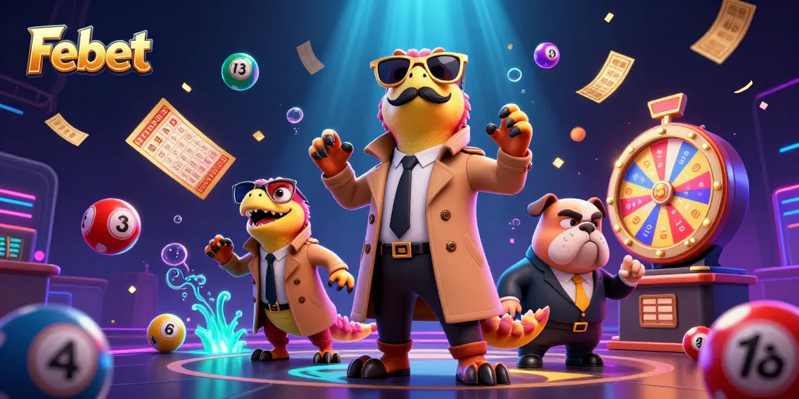 Experience the thrill of Febet with vibrant gaming elements and raptors in a trench coat.