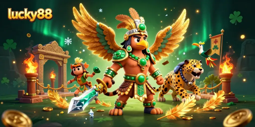 Engage with lucky88 on dynamic Aztec-themed scene featuring gamblers and golden coins.