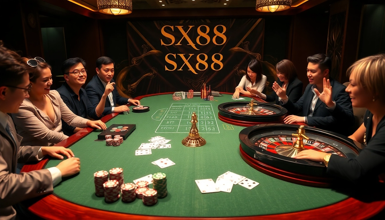 Engaging players at an SX88-themed casino table with luxury poker chips and cards.