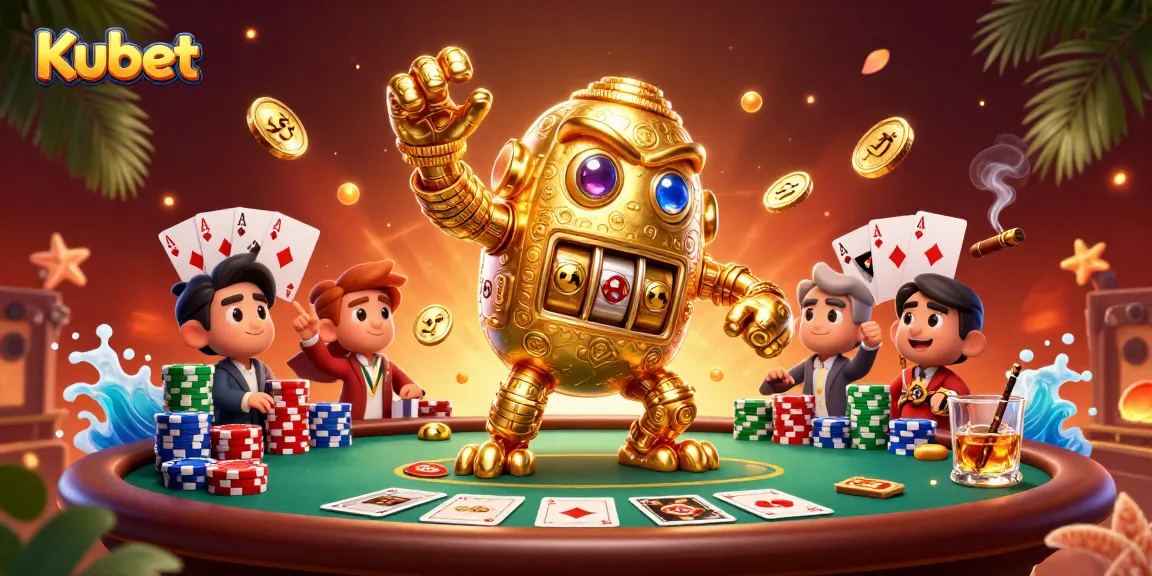 Experience thrilling action with Kubet's golden golem amid poker chips, community cards, and vibrant casino atmosphere.