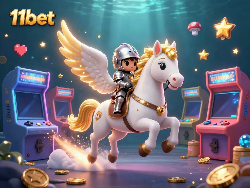 Join the adventure at 11bet with a cartoon knight and celestial horse racing through a vibrant gaming world.