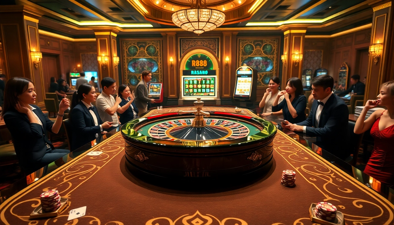 Players engaging with the roulette table at RR88 casino, showcasing excitement and luxury in gambling.