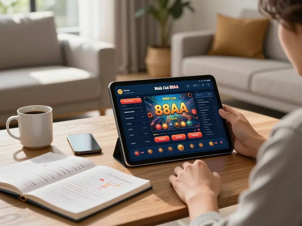 Engaging with Nhà Cái 88AA casino app in a cozy home gaming setup.