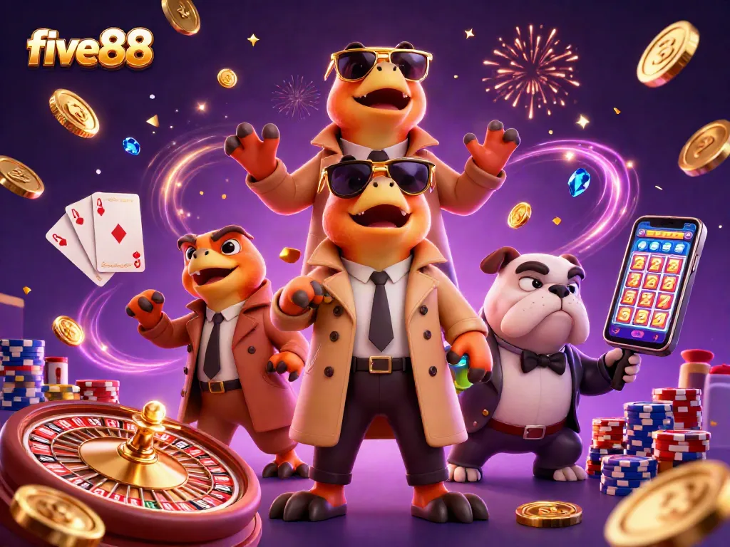 Experience excitement at five88 with raptors sneaking into a VIP casino lounge amidst gold coins and festive elements.