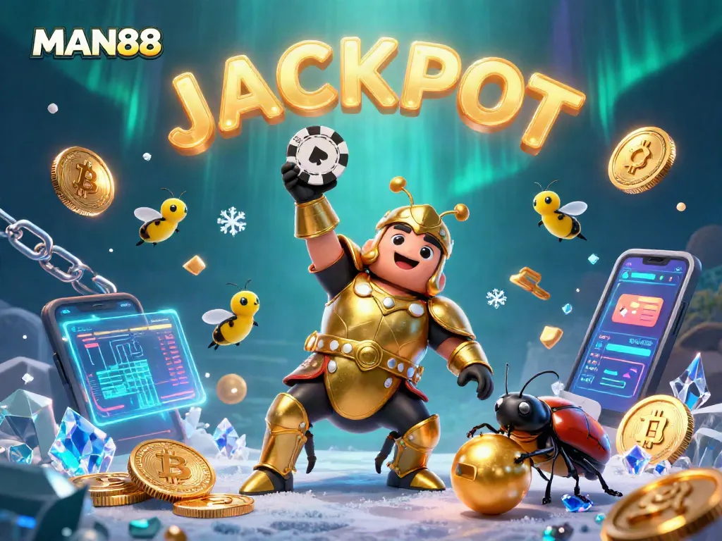 Experience the thrill of MAN88 with a heroic scene featuring a gladiator beetle celebrating a jackpot triumph