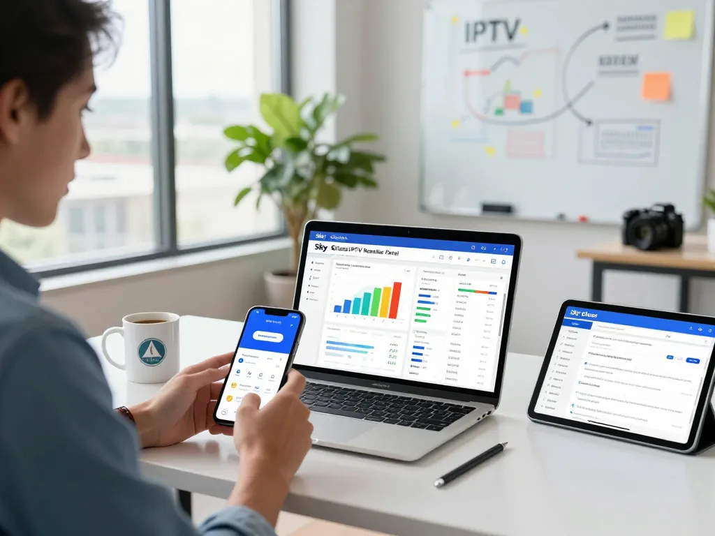 Entrepreneur managing IPTV subscriptions using the Sky Glass IPTV Reseller Panel in a modern office.