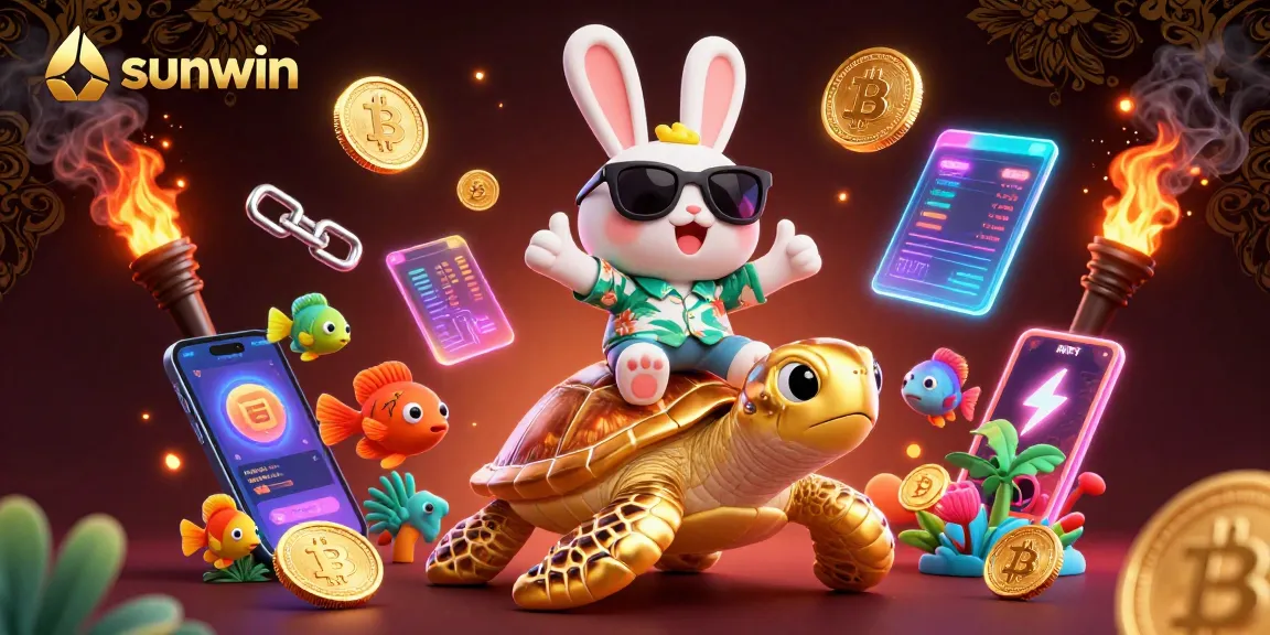 Win big with Sunwin's vibrant 3D illustration showcasing gambling excitement and crypto innovations.