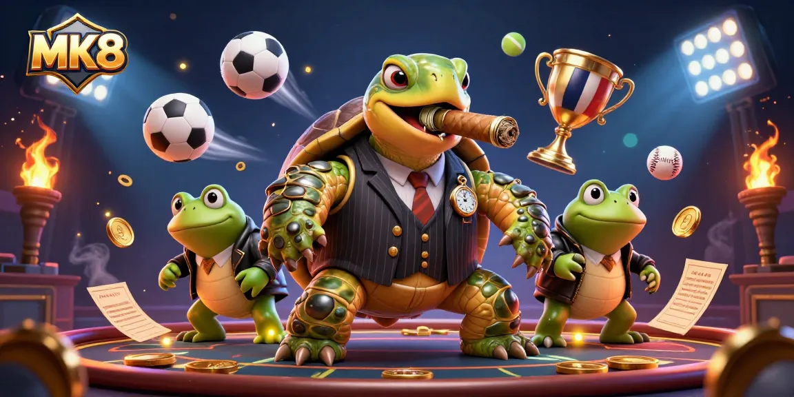 Engage in thrilling casino action with MK8's massive snapping turtle amidst sports elements and vibrant lights.