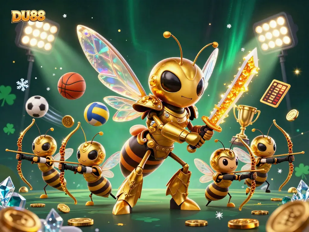 Win at DU88 with a colorful 3D illustration of a golden hornet warrior and bee archers amidst dynamic sports elements.