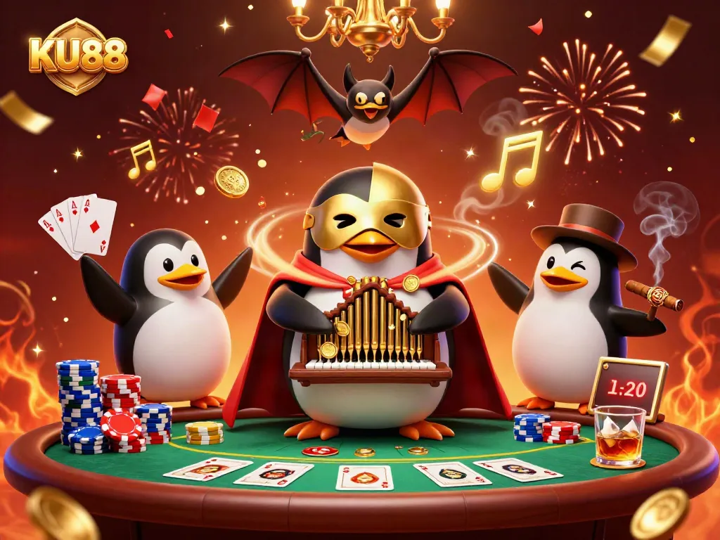 KU88 penguin playing organ with golden coins, poker elements, and celebration effects.