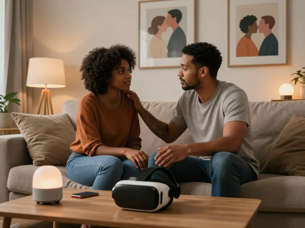 Couple using sex AI technology in an intimate setting to enhance emotional connection.