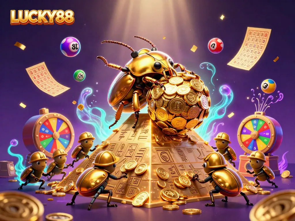 Engage with LUCKY88 casino excitement as a golden beetle rolls treasure amid lottery balls and prizes.