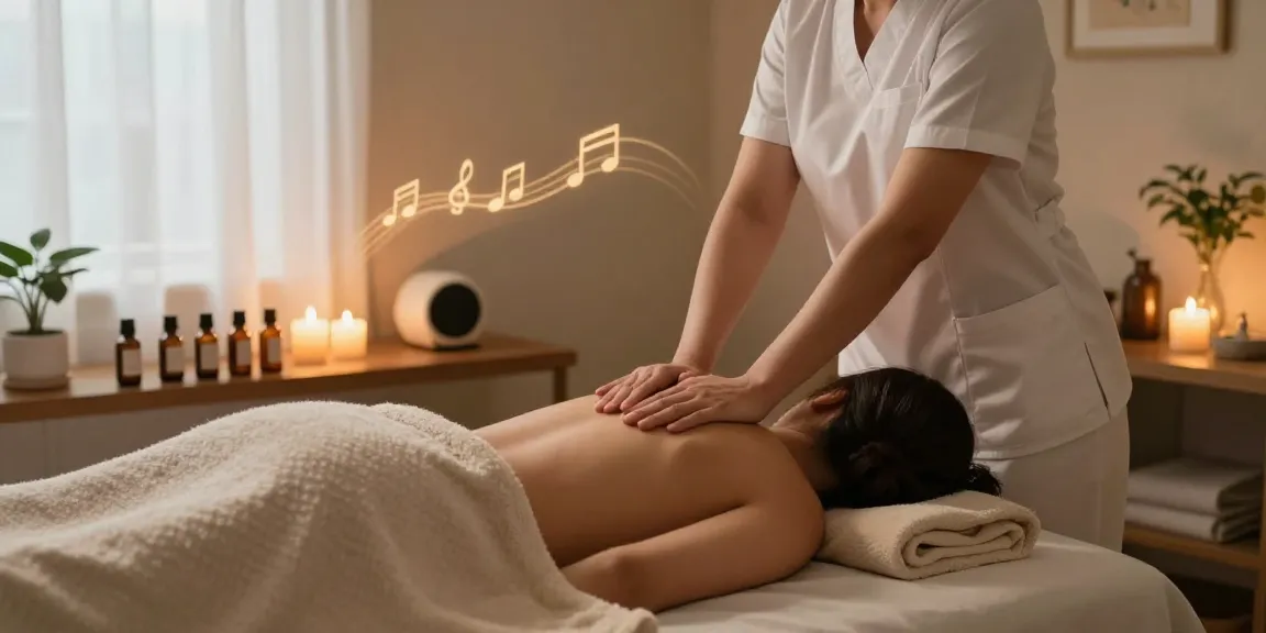 Relieving stress with 오산출장마사지 in a tranquil therapy room setup, featuring essential oils and soothing ambiance.